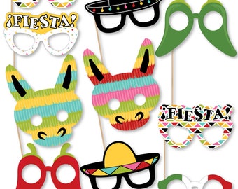 Let's Fiesta - Photo Booth Accessories - Fun Selfie Mexican Fiesta Card Stock Paper Photo Props Glasses - Cinco de Mayo Props -10 Pc