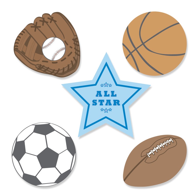 Small All Star Sports DIY Shaped Paper Cut Outs 24 pc Baby Shower or Birthday Party Die Cut Decoration Kit