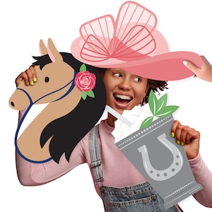 May include: A set of three photo booth props for a Kentucky Derby themed party. The props include a pink hat with a large bow, a brown horse head, and a gray mint julep cup with a horseshoe.