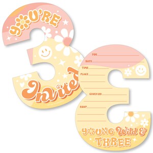 May include: Two yellow and pink groovy themed 3rd birthday party invitation hang tags. The text on the tags reads "You're Invited" and "Young Wild & Three".