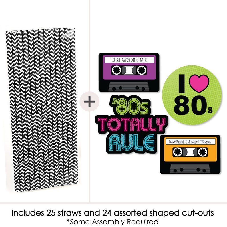 80's Retro Die-Cut Straw Decorations Totally 1980s Party Paper Cut-Outs & Striped Paper Straws Eighties Party I Love the 80s 24 Pc image 2