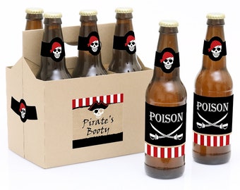 Beware of Pirates Beer Labels - Funny Birthday Party Gift Ideas - 6 Beer Bottle Labels & 1 Carrier - Gifts for Women and Men