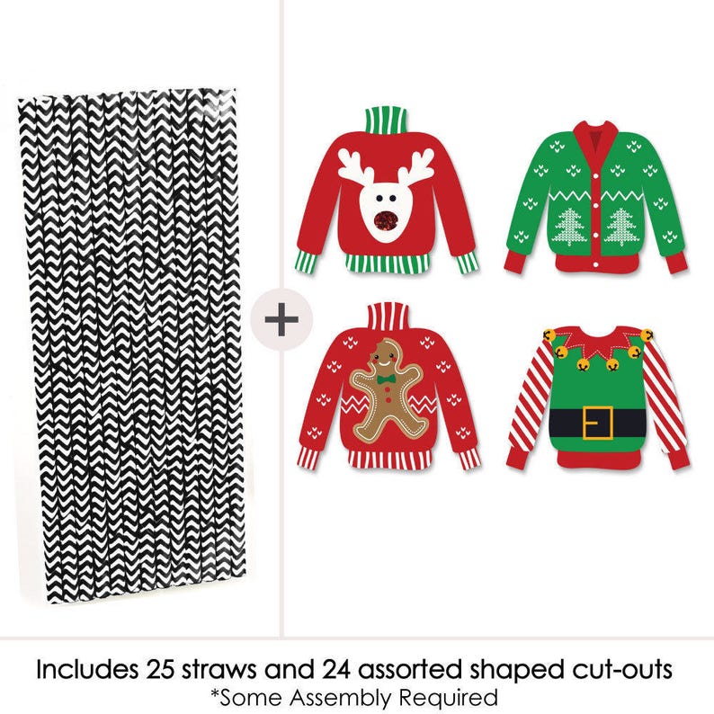 Ugly Sweater Die-Cut Straw Decorations Holiday or Christmas Party Paper Cut-Outs & Striped Paper Straws Tacky Sweater Party 24 pc. image 3