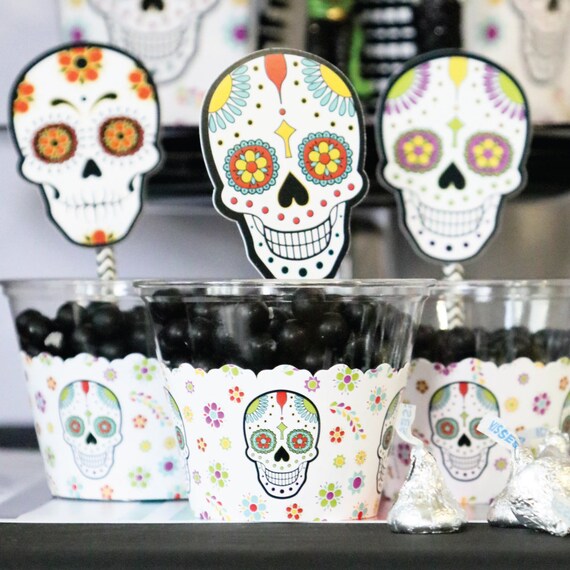 Sugar Skull Cupcake Kit - 48-Piece Day Of The Dead Decor With Toppers & Wrappers (24 Of Each)