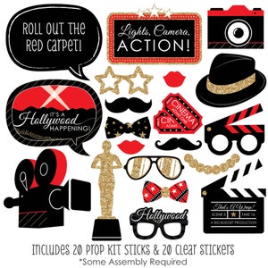 Red Carpet Hollywood - Photo Booth Props -  Movie Night Party Props w/Mustache, Hat, Bow Tie, Glasses and Custom Talk Bubble - 20 Pc.