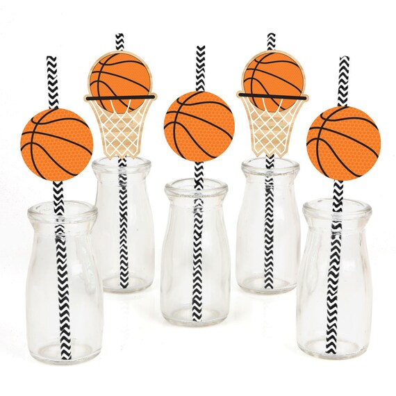 Basketball - Die-Cut Straw Decorations - Baby Shower or Birthday Party Paper Cut-Outs & Striped Paper Straws - Nothin' But Net - Set of 24 Il_570xn