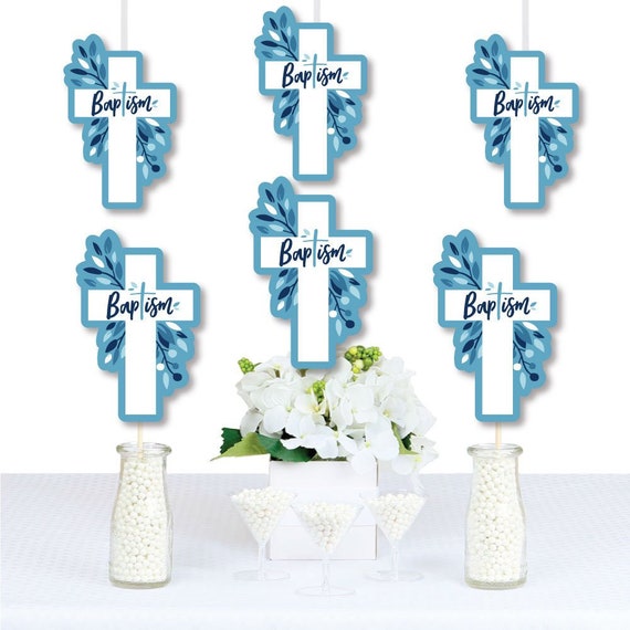 24 Count DIY Shaped Boy Religious Party Cut-Outs Big Dot of Happiness Confirmation Blue Elegant Cross