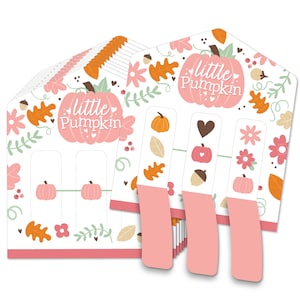 May include: A set of 12 pink and white fall-themed favor tags with the text "Little Pumpkin" and various fall-themed illustrations.