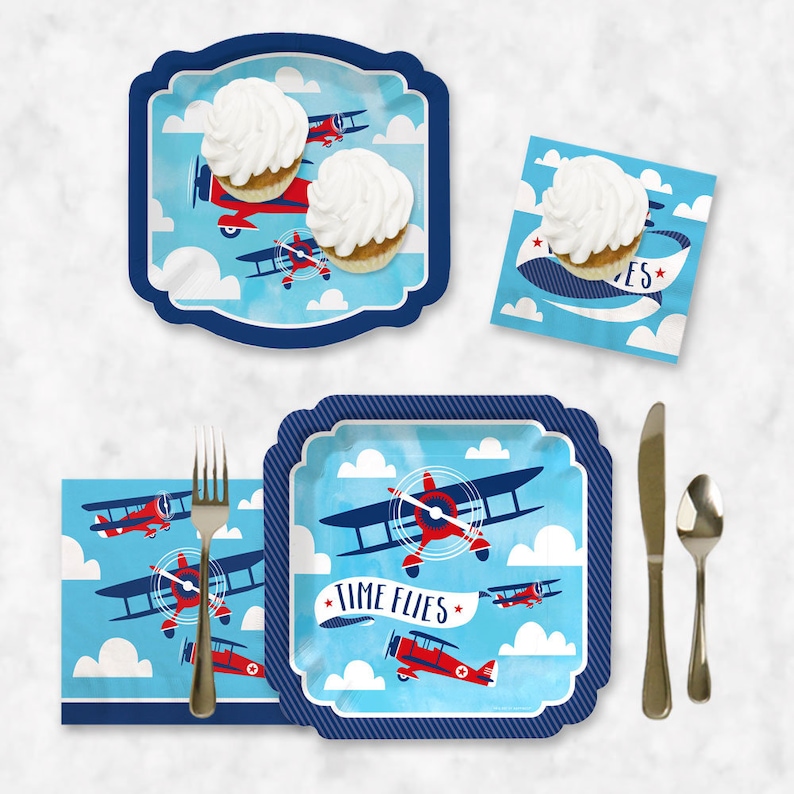 Vintage Plane Baby Shower or Birthday Party Tableware Plates and Napkins Airplane Party -32 piece place setting Taking Flight Airplane