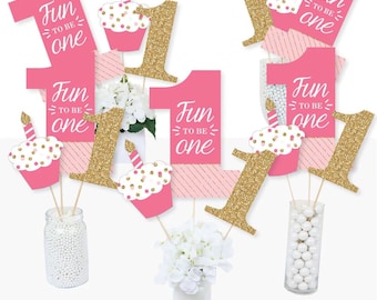 1st Birthday Girl - Centerpiece Sticks - Fun to be One -  Birthday Party Table Toppers - Girl First Birthday Party Supplies - 15 Ct.