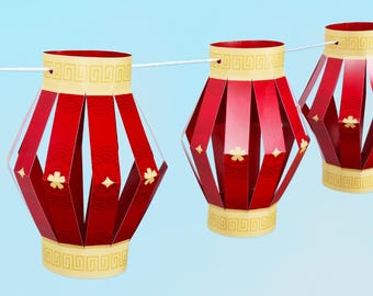 Lunar New Year 3D Hanging Paper Lanterns Banner Kit, 12 Ct Red & Gold Chinese Lanterns Decor, DIY Craft Decorating Set with 30 Feet of Cord