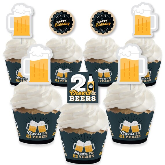 Cheers and Beers to 21 Years - Cupcake Decoration - 21st Birthday Party Cupcake Wrappers and Treat Picks Kit - Set of 24 Il_570xn