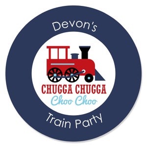 Puede incluir: Un círculo azul con un tren rojo y el texto "Devon's Chugga Chugga Choo Choo Train Party" en blanco.