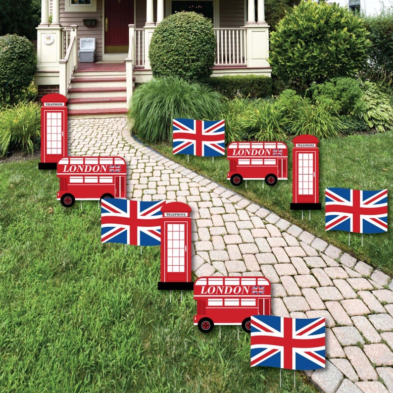 Cheerio, London Union Jack Flag, Double-Decker Bus & Red Telephone Booth Lawn Decorations Outdoor British UK Party Yard Decor 10 Piece image 1