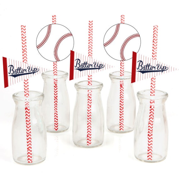 Baseball Die-Cut Straw Decorations - Baby Shower or Birthday Party Paper Cut-Outs & Striped Paper Straws - Batter Up - Baseball - Set of 24 Il_570xn