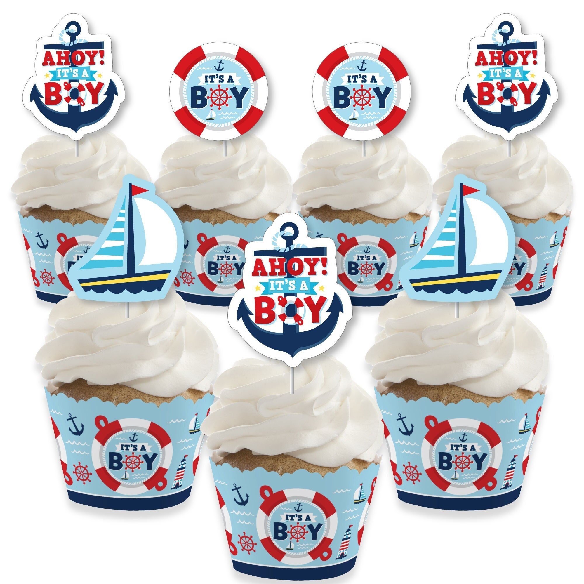 Ahoy Its a Boy Cupcake Decoration Nautical Baby Shower Cupcake Wrappers and Treat Picks Kit Set of 24
