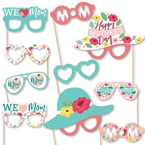 Colorful Floral Happy Mother&#39;s Day Glasses - Paper Card Stock We Love Mom Party Photo Booth Props Kit - 10 Count