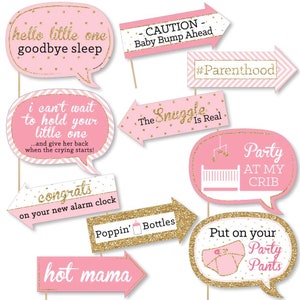 Funny Hello Little One - Pink and Gold - Photo Booth Props - Baby Shower Photo Booth Prop Kit - 10 Photo Props