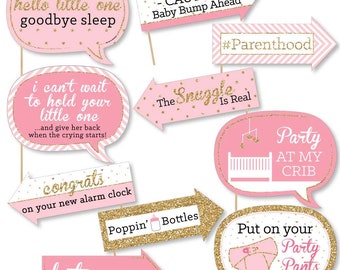 Funny Hello Little One - Pink and Gold - Photo Booth Props - Baby Shower Photo Booth Prop Kit - 10 Photo Props