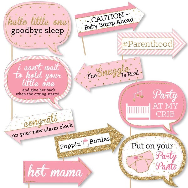Funny Hello Little One - Pink and Gold - Photo Booth Props - Baby Shower Photo Booth Prop Kit - 10 Photo Props