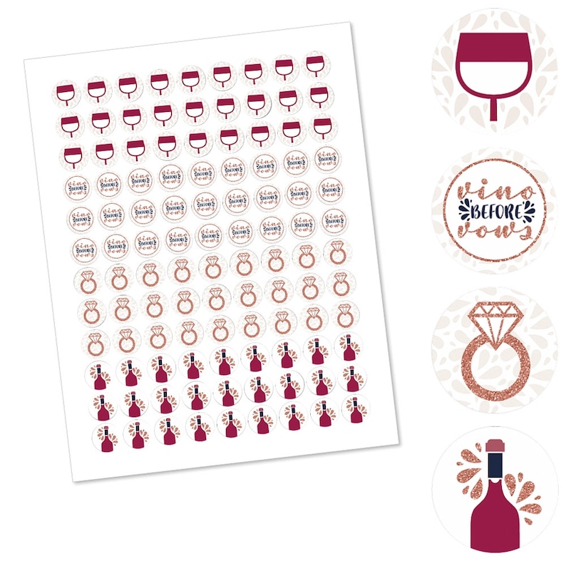 May include: A sheet of circular stickers featuring four distinct designs: a dark red wine glass, the text "vino before vows" in rose gold glitter, a rose gold glitter diamond engagement ring, and a dark red wine bottle with rose gold accents.
