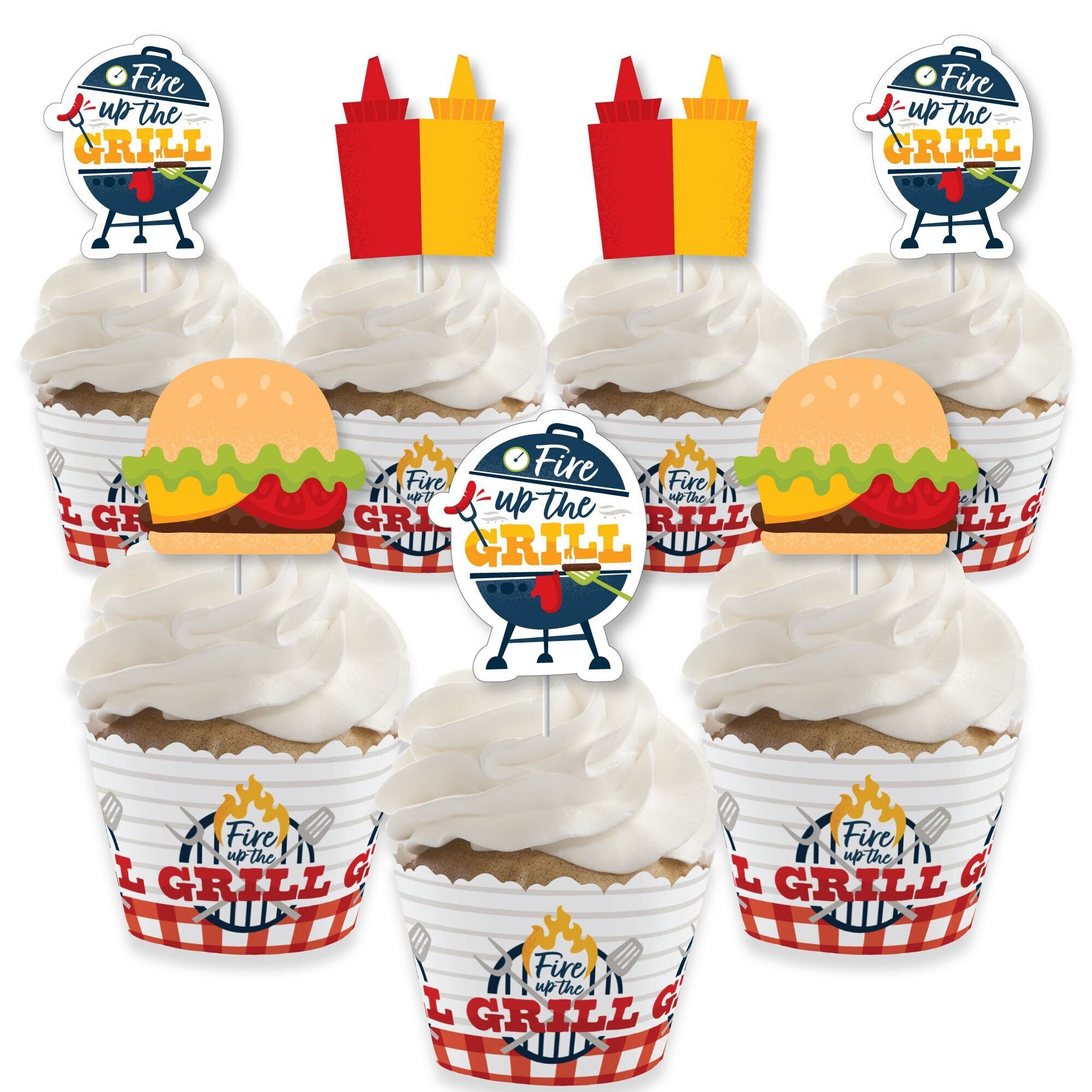 Fire Up the Grill Cupcake Decoration Summer BBQ Picnic Party Cupcake Wrappers and Treat Picks Kit Set of 24