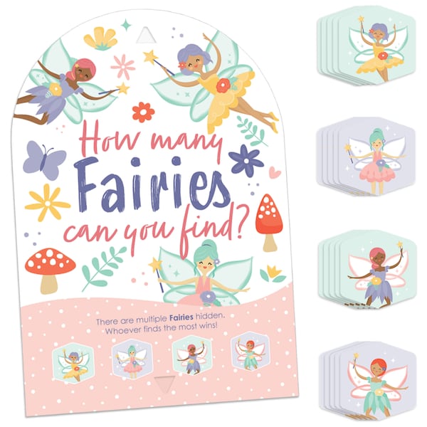 Let’s Be Fairies - Fairy Garden Birthday Party Scavenger Hunt - 1 Stand and 48 Game Pieces - Hide and Find Game