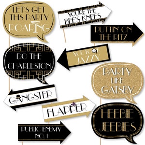 Funny Roaring 20&#39;s Party Photo Booth Props - Great Gatsby Photo Booth Prop Kit - 1920s Art Deco Jazz - Party Props - 10 pc.