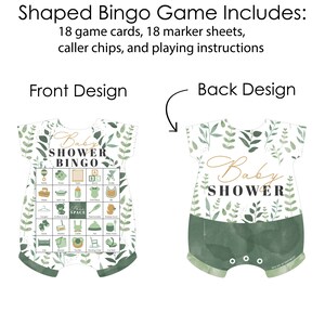Pode incluir: Um jogo de bingo de ch&aacute; de beb&ecirc; verde e branco com um design de macac&atilde;o para beb&ecirc;. A frente do macac&atilde;o tem um cart&atilde;o de bingo com itens relacionados a beb&ecirc;s. As costas do macac&atilde;o dizem "Baby Shower".