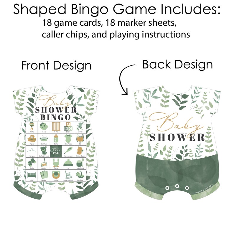 Pode incluir: Um jogo de bingo de ch&aacute; de beb&ecirc; verde e branco com um design de macac&atilde;o para beb&ecirc;. A frente do macac&atilde;o tem um cart&atilde;o de bingo com itens relacionados a beb&ecirc;s. As costas do macac&atilde;o dizem "Baby Shower".