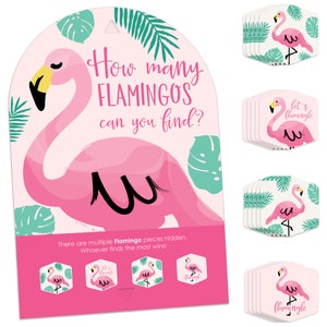 Pink Flamingo - Tropical Summer Party Scavenger Hunt - 1 Stand and 48 Game Pieces - Hide and Find Game
