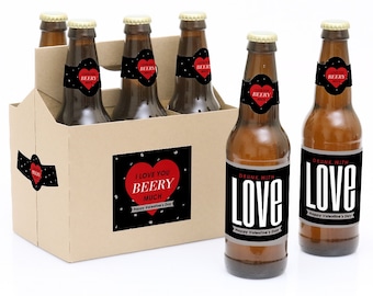 Valentine's Day - Valentine's Day - Decorations for Women and Men - 6 Beer Bottle Labels and 1 Carrier