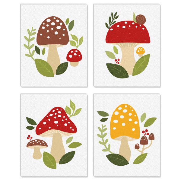 Wild Mushrooms - Unframed Red Toadstool Decor Linen Paper Wall Art - Set of 4 - Artisms - 8 x 10 inches