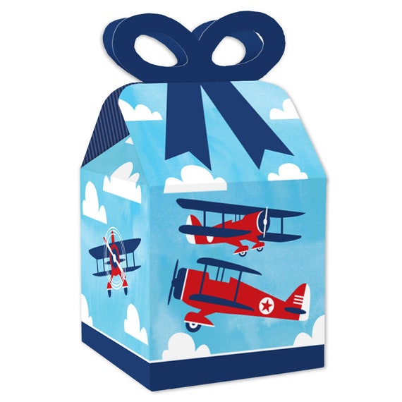 Taking Flight - Airplane - Square Favor Gift Boxes - Vintage Plane Baby Shower or Birthday Party Bow Boxes - Set of 12 Il_570xn