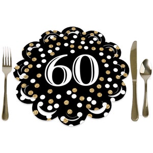 Adult 60th Birthday - Gold - Birthday Party Round Table Decorations - Paper Chargers - Place Setting For 12