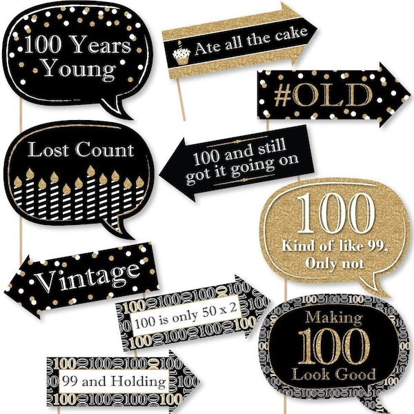 Funny Adult 100th Birthday - Gold - Birthday Party Photo Booth Props Kit - 10 Piece