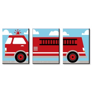 Fired Up Fire Truck - Kids Room, Nursery & Home Décor - 7.5” x 10” Kids Wall Art - Bedroom Decor - Fire Engine Decorations - Set of 3 Prints