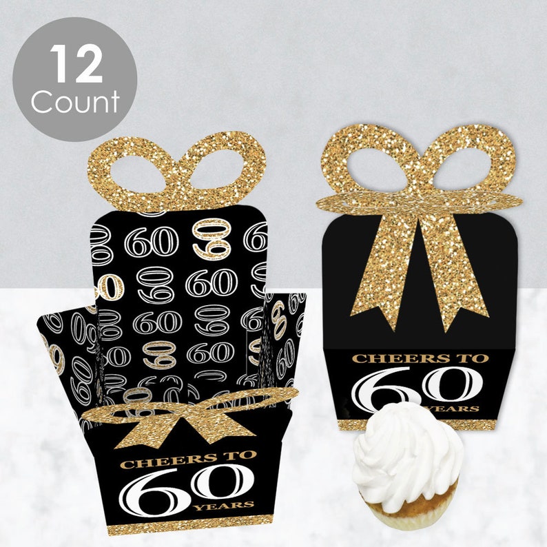 Adult 60th Birthday Gold Square Favor Gift Boxes Birthday Party Bow Boxes Set of 12 image 3