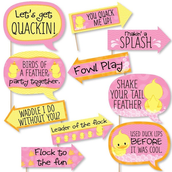 Funny Pink Ducky Duck - Baby Shower Photo Booth Props - Girl Rubber Ducky - Birthday Party Photo Booth Prop Kit - 10 Props