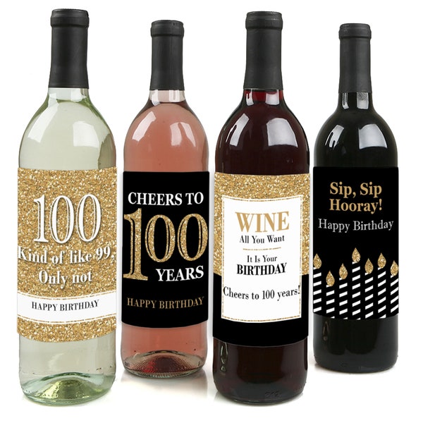 Adult 100th Birthday - Gold - Birthday Party Gifts for Women and Men - Wine Bottle Label Stickers - Set of 4