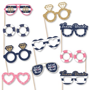 Last Sail Before The Veil Glasses - Paper Card Stock Nautical Bachelorette and Bridal Shower Photo Booth Props Kit - 10 Count