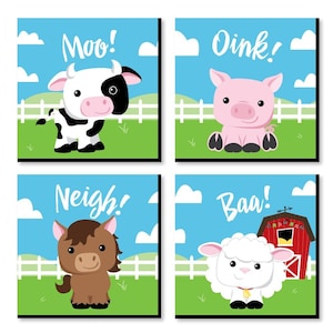 Farm Animals Barnyard Kids Room, Nursery Décor and Home Décor 11 x 11 inches Nursery Wall Art Set of 4 Prints for Babys Room image 1