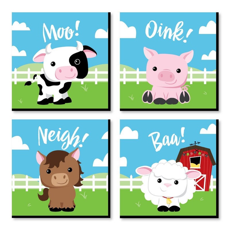 Farm Animals Barnyard Kids Room, Nursery Décor and Home Décor 11 x 11 inches Nursery Wall Art Set of 4 Prints for Babys Room image 1