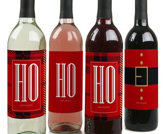 May include: Four wine bottles with festive holiday labels. The labels feature a red and black plaid pattern with the words "HO HO" in white. One bottle has a Santa Claus belt design with gold buckles.