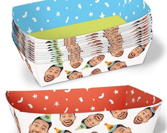 Custom Photo Colorful Paper Food Trays, Disposable Food Boats, Personalized Kids, Adult Birthday Decor, Double-Sided Meal Holders - 12 Ct