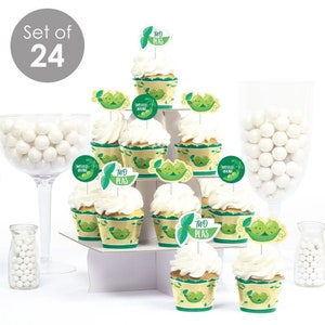 Double the Fun Twins Two Peas in a Pod Cupcake Decoration Baby Shower or First Birthday Cupcake Wrappers and Treat Picks Kit 24 Ct. image 2