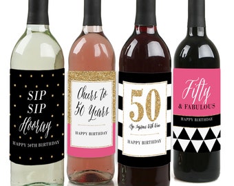Chic 50th Birthday – Pink, Black, and Gold - Birthday Gift for Women - Wine Bottle Label Stickers - Set of 4