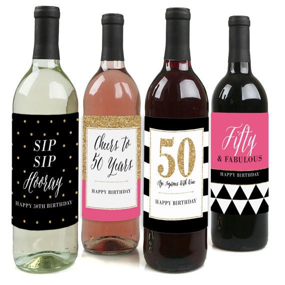 Chic 50th Birthday – Pink, Black, and Gold - Birthday Gift for Women - Wine Bottle Label Stickers - Set of 4 Il_570xn