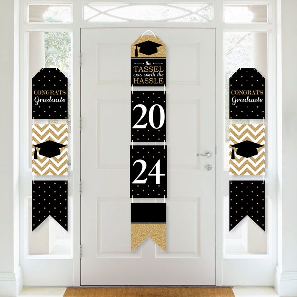 Tassel Worth The Hassle - Gold - Hanging Vertical Paper Door Banners - 2024 Graduation Party Wall Decoration Kit - Indoor Door Decor