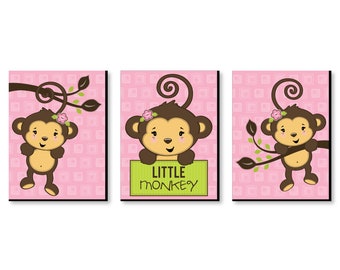 Monkey Girl - Kids Room, Nursery & Home Décor - 7.5” x 10” Kids Wall Art - Bedroom Decor - Pink Monkey Decorations - Set of 3 Prints